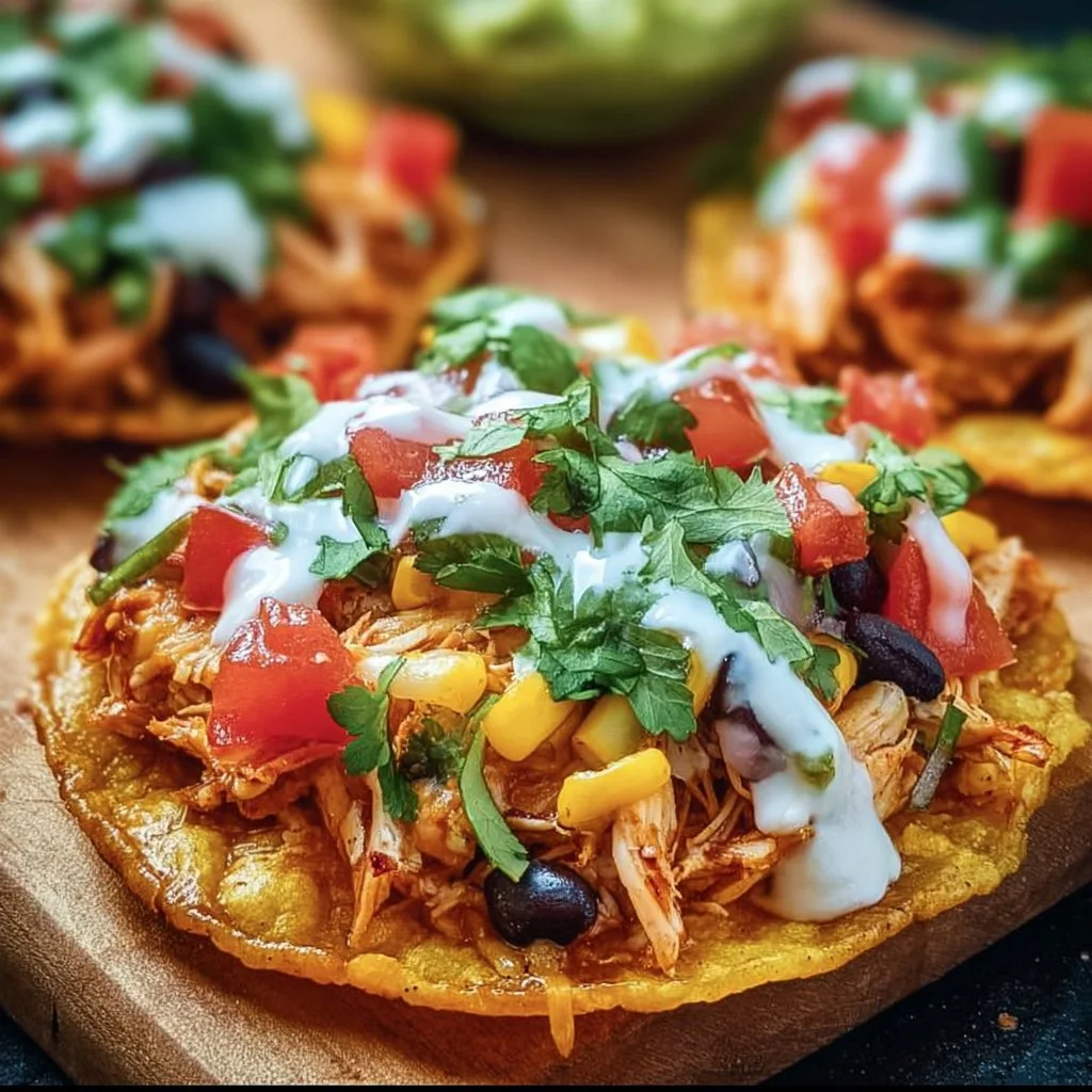 Crispy rotisserie chicken tostadas topped with fresh vegetables and avocado
