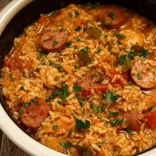 Delicious Crock Pot Jambalaya featuring rice, sausage, and seafood cooked to perfection.
