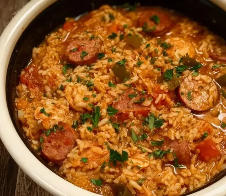 Delicious Crock Pot Jambalaya featuring rice, sausage, and seafood cooked to perfection.