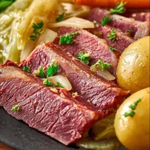 Crockpot corned beef and cabbage served with vibrant vegetables