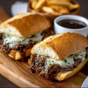 Crockpot French Dip Sandwiches Crockpot French dip sandwiches with beef and melted cheese served on a plate