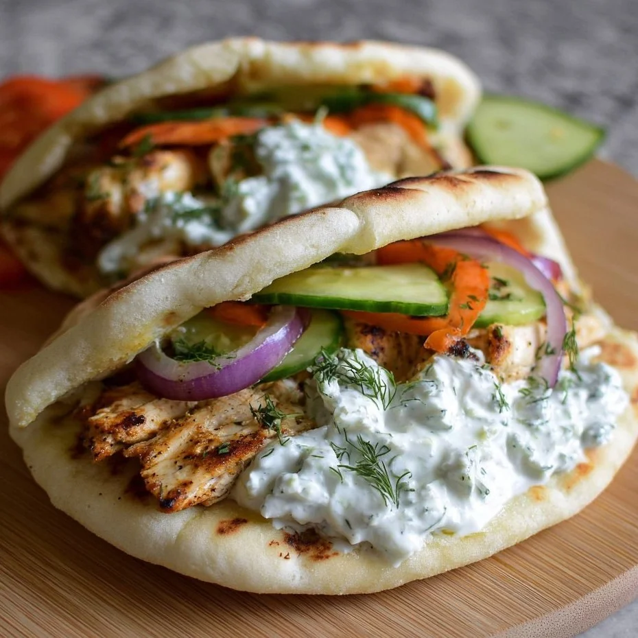 Crockpot Greek Chicken Pitas served with Tzatziki sauce on a platter