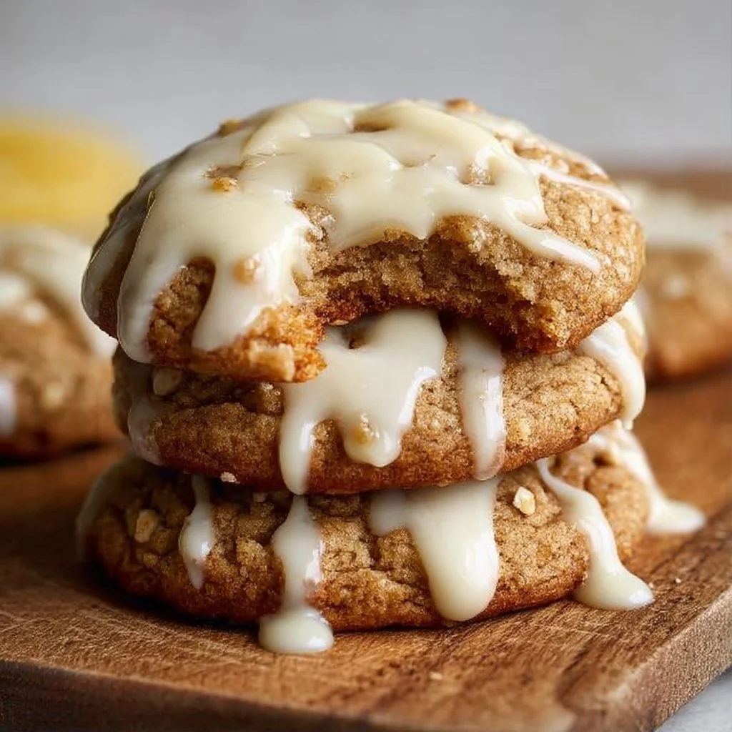 Crumbl banana bread cookies with cream cheese glaze on a plate