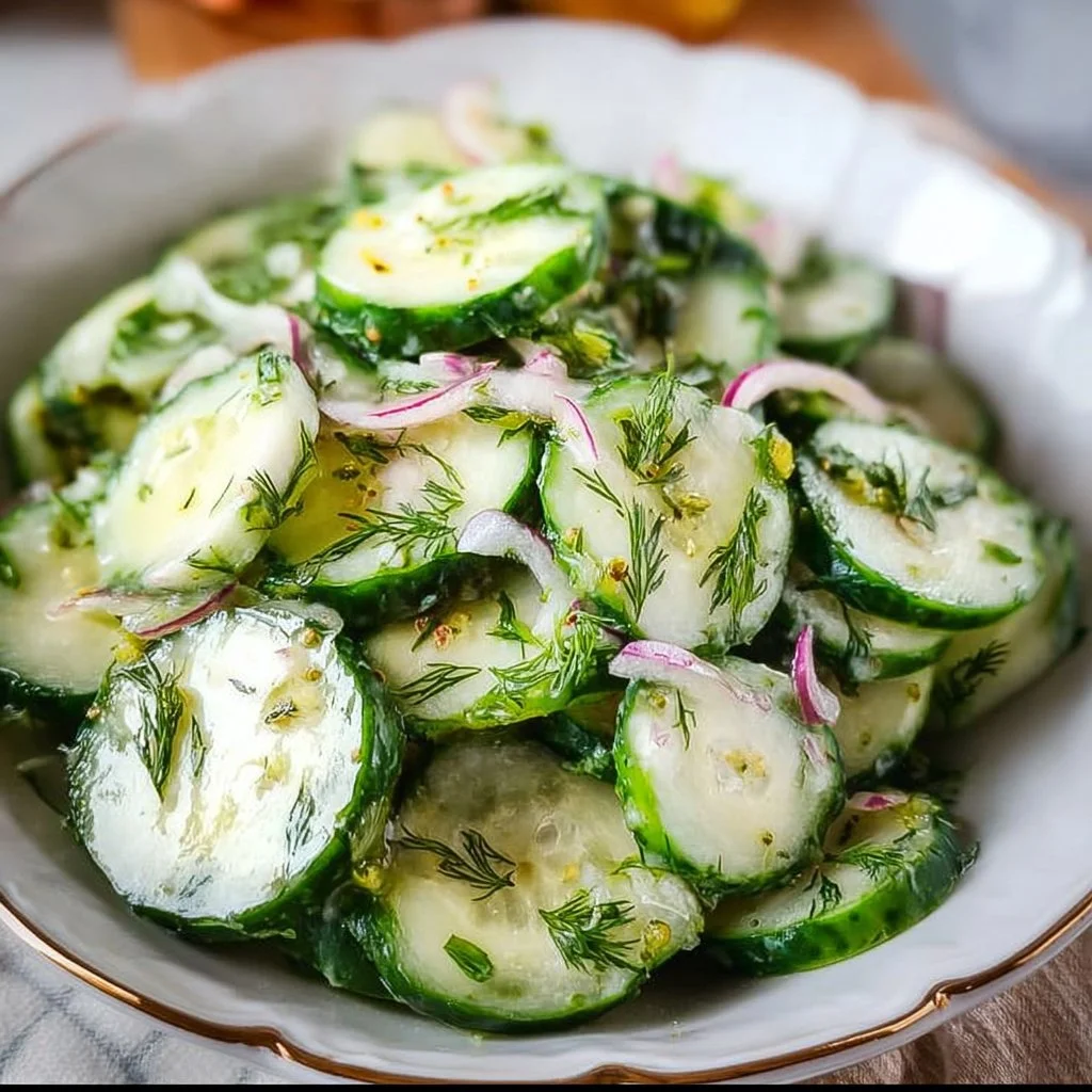 A bowl of refreshing Cucumber Dill Salad with herbs and vegetables