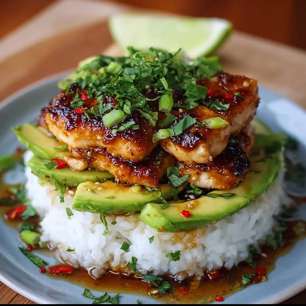 Delicious Honey Lime Chicken stacked with avocado rice for a tasty meal.
