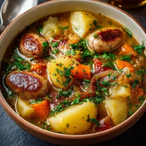 Bowl of Dublin Coddle featuring Irish sausage, potatoes, and onions in a rich broth.