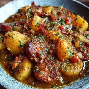 Bowl of Dublin Coddle, a traditional Irish sausage and bacon stew with herbs.