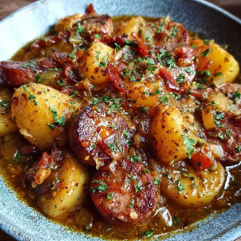 Bowl of Dublin Coddle, a traditional Irish sausage and bacon stew with herbs.