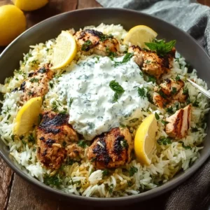 Dump and Bake Chicken Tzatziki Rice for Effortless Flavor Baked chicken tzatziki rice dish served with fresh herbs and vegetables