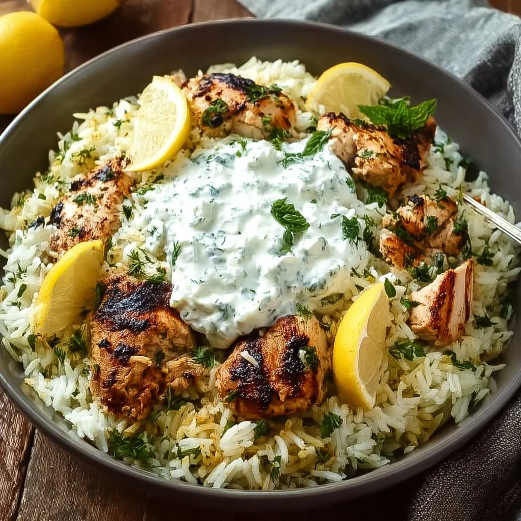 Baked chicken tzatziki rice dish served with fresh herbs and vegetables