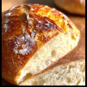 Freshly baked Dutch Oven No Knead Crusty Bread with a golden crust
