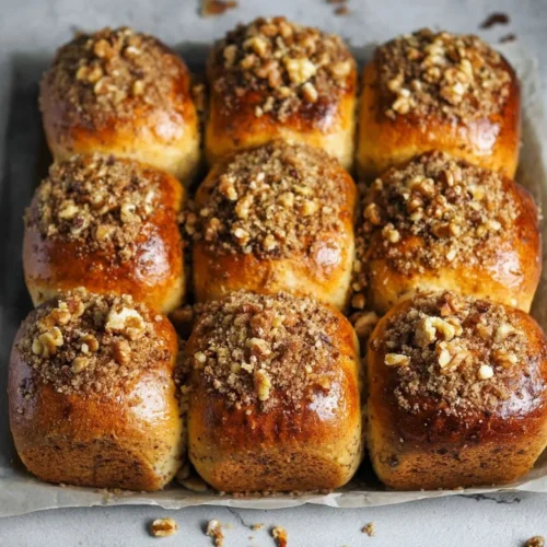 Easter carrot buns topped with walnut streusel on a rustic wooden table