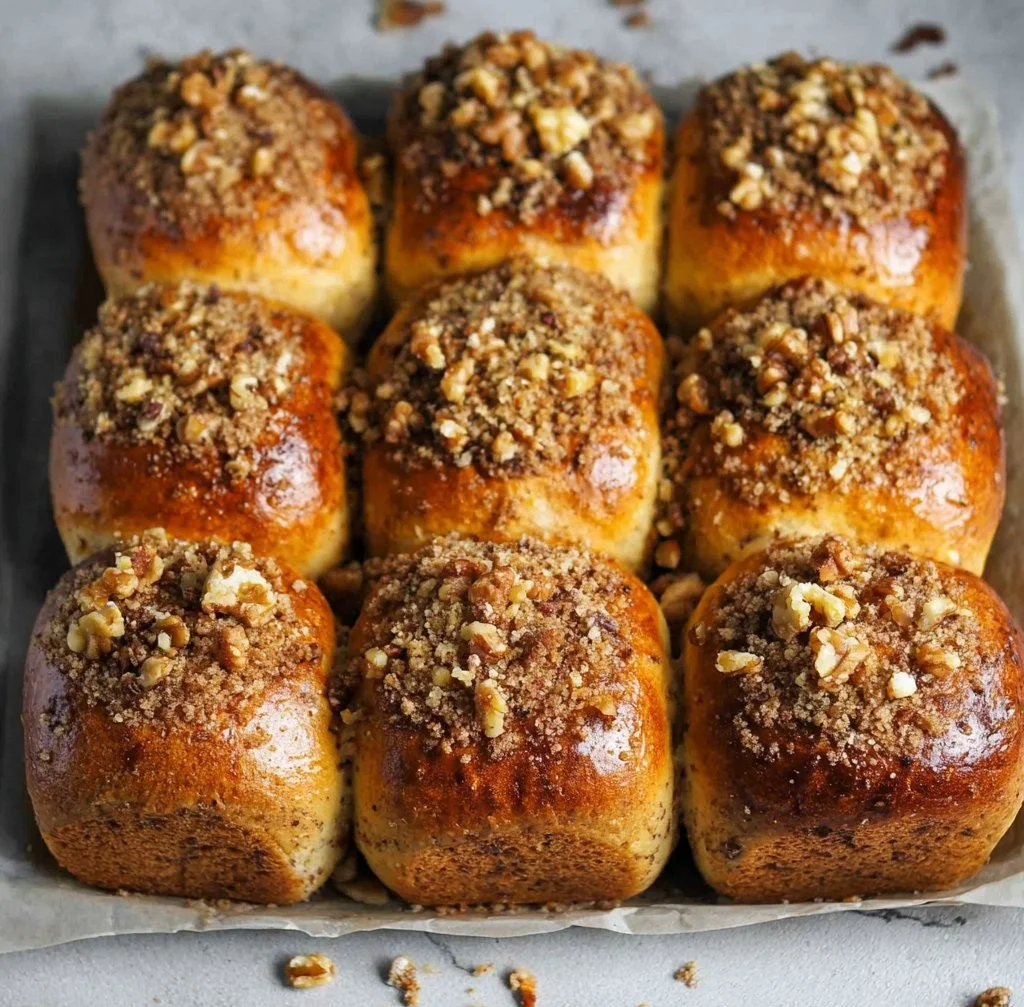 Easter carrot buns topped with walnut streusel on a rustic wooden table
