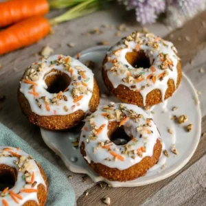 Easter carrot cake baked donuts decorated with icing and sprinkles