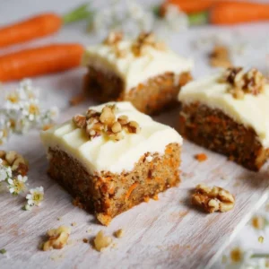 Delicious Easter carrot cake blondie bars with cream cheese frosting on a plate.
