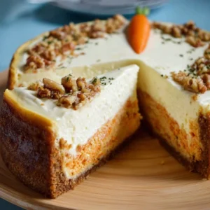 Easter Carrot Cake Cheesecake topped with colorful carrots and easter decorations