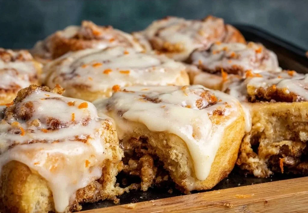 Easter Carrot Cake Cinnamon Rolls topped with cream cheese icing