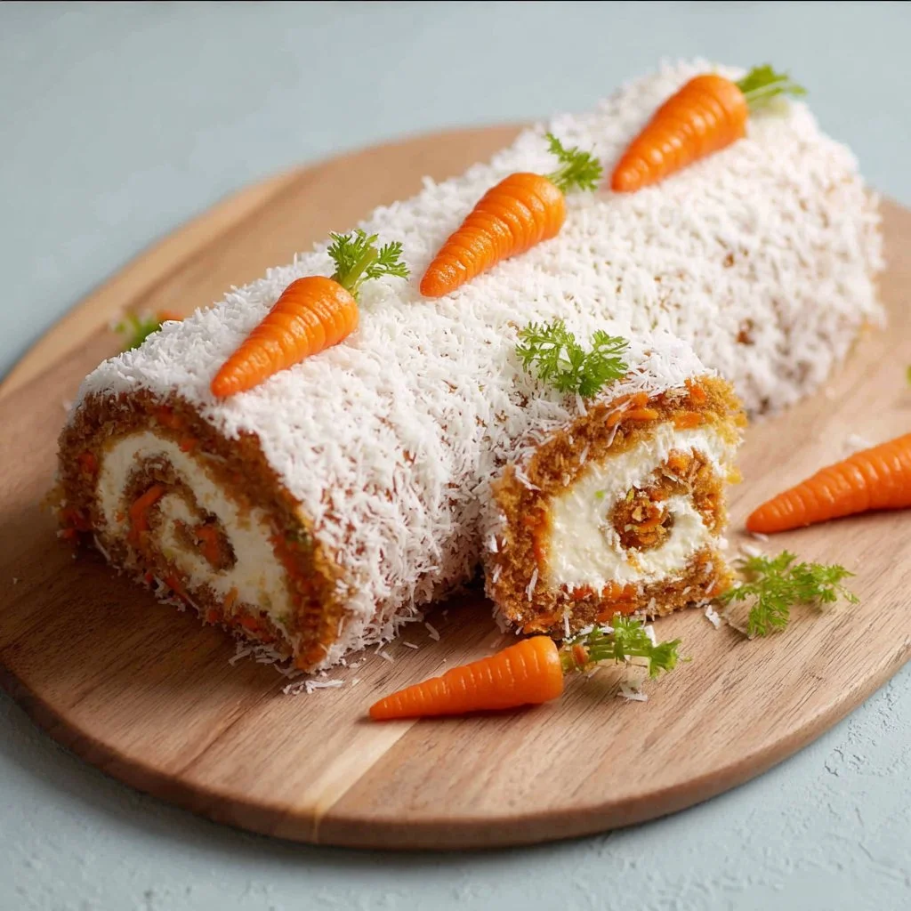 Easter Carrot Cake Jelly Roll dessert with cream and carrot filling