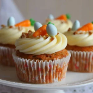 Easter Carrot Cupcakes topped with cream cheese frosting and decorative carrots