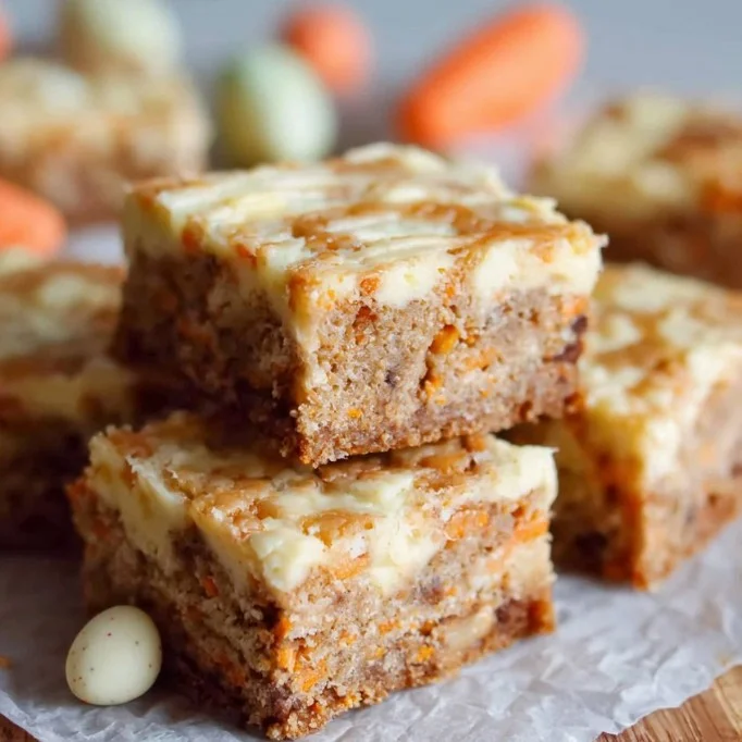 Easter Cream Cheese Carrot Cake Bars topped with cream cheese frosting