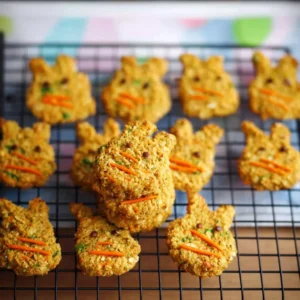 Easter healthy carrot oat biscuits on a plate, decorated with spring flowers.