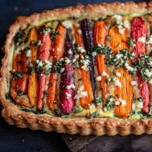 Easter roasted carrot tart served on a rustic table with fresh herbs.