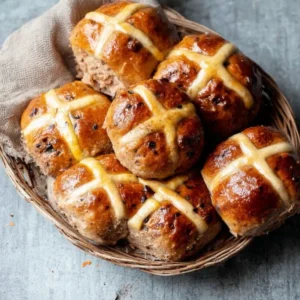 Easter Spiced Carrot Hot Cross Buns with spiced glaze and currants