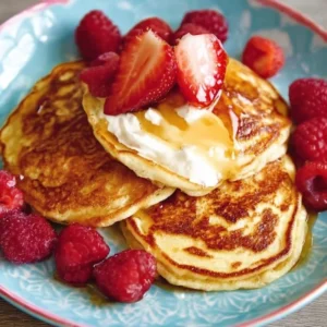 Plate of fluffy 3-ingredient pancakes topped with syrup and berries