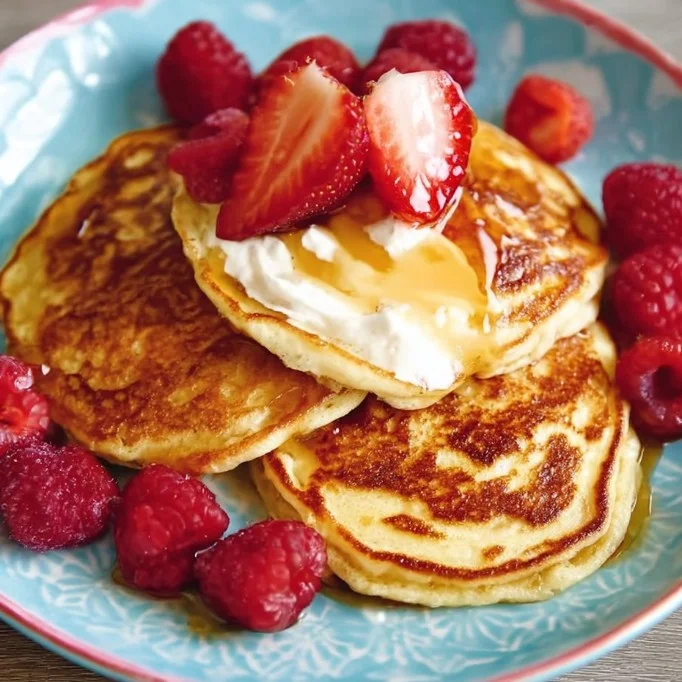 Plate of fluffy 3-ingredient pancakes topped with syrup and berries