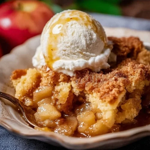 Delicious easy apple cobbler baked in a dish, topped with a crispy crust.