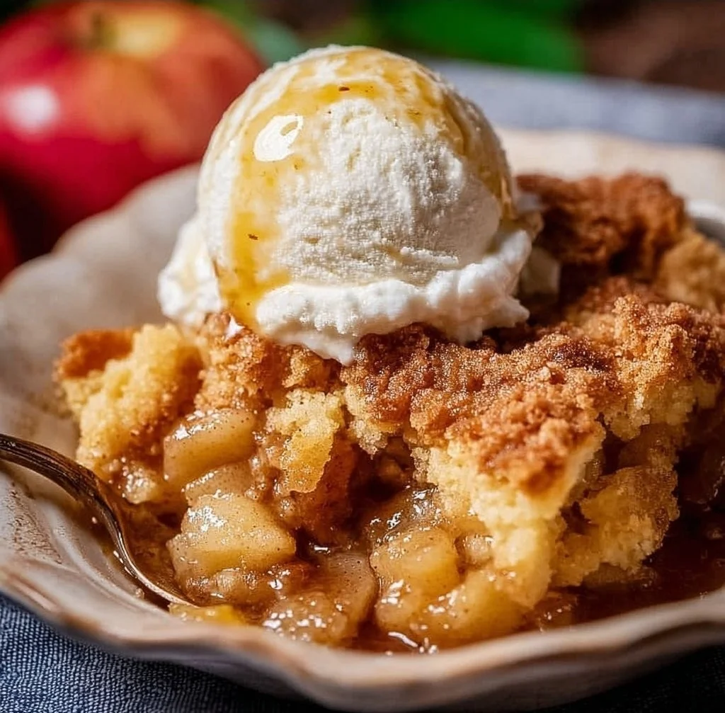 Delicious easy apple cobbler baked in a dish, topped with a crispy crust.