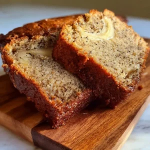 Sliced moist banana bread on a wooden table