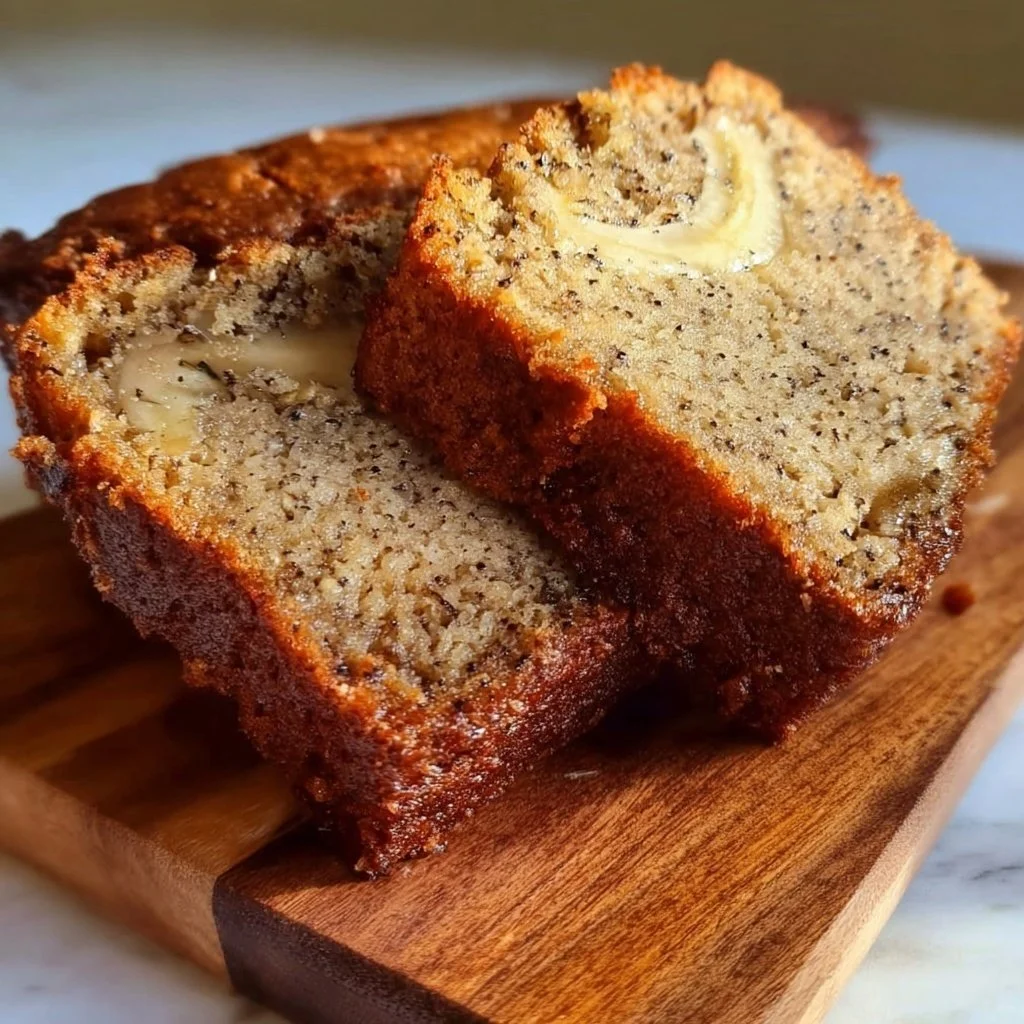 Sliced moist banana bread on a wooden table