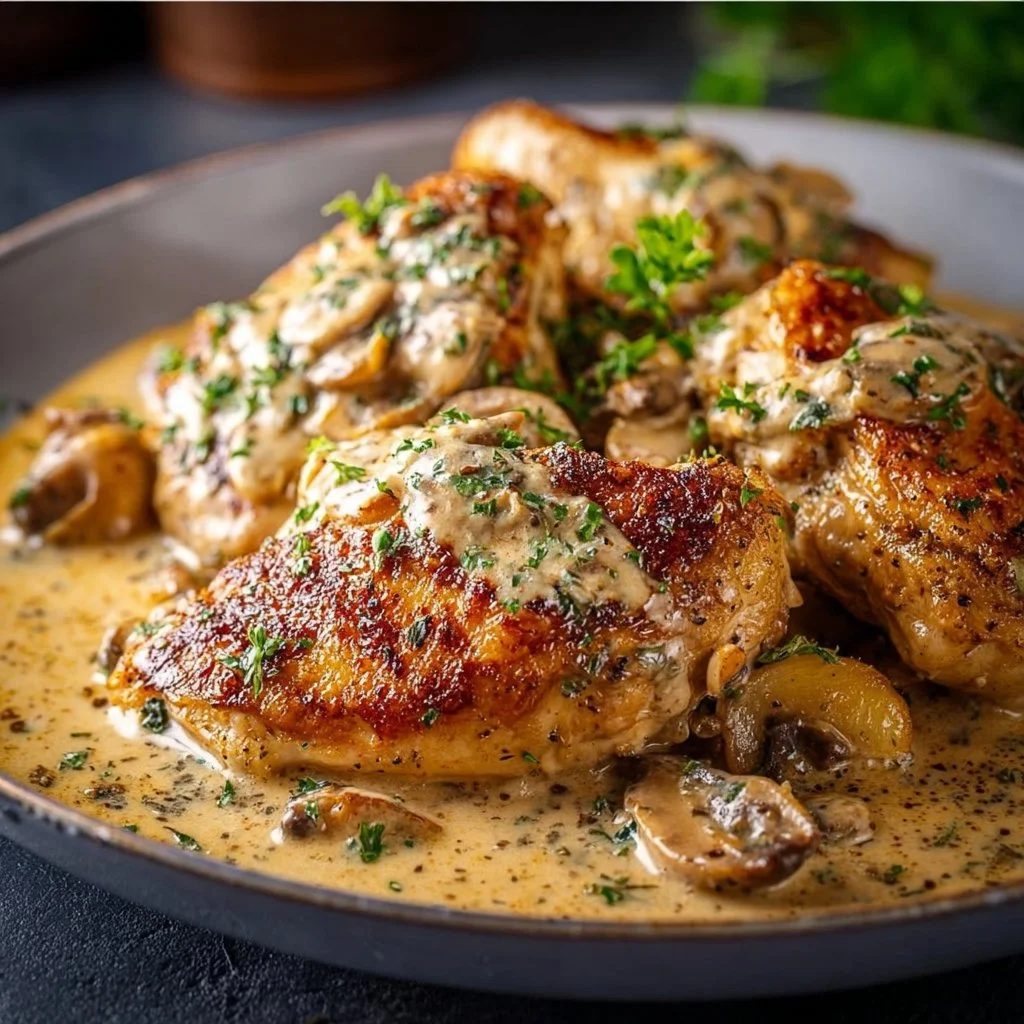 Easy Irish Chicken served in a rich whiskey cream sauce on a plate.