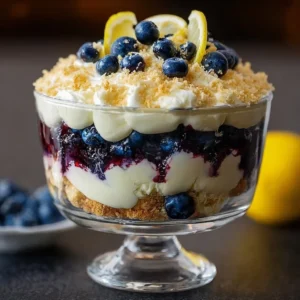 Delicious lemon blueberry cheesecake trifle served in a glass dish