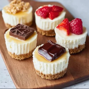 Delicious easy mini cheesecakes topped with fruit on a dessert plate.