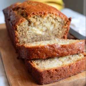 Slice of easy moist banana bread with ripe bananas