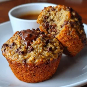 Freshly baked oatmeal chocolate chip muffins on a wooden table