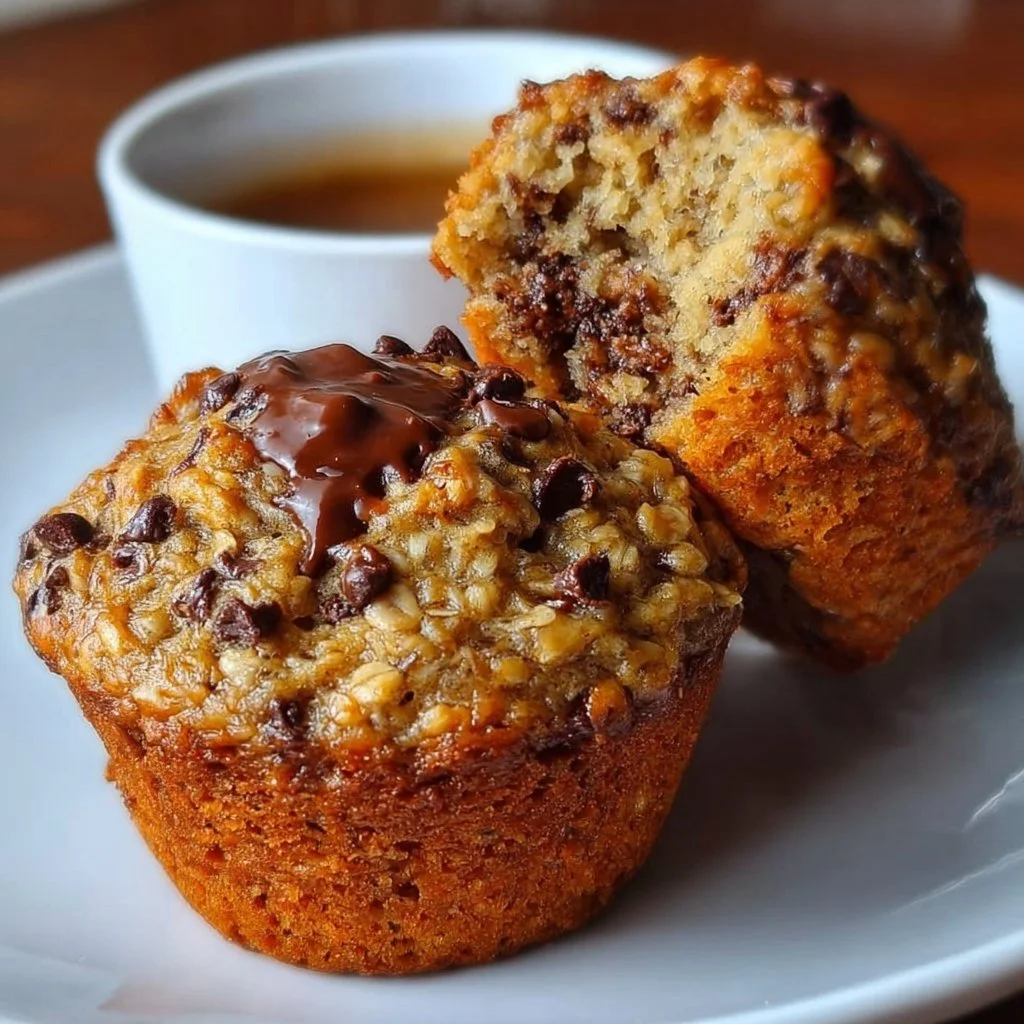 Freshly baked oatmeal chocolate chip muffins on a wooden table