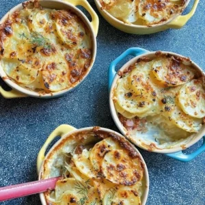 Fennel, Potato, and Pancetta Gratins baked to perfection in a dish
