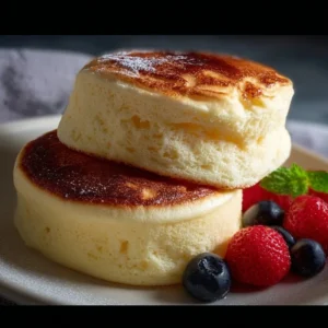 Fluffy Japanese soufflé pancakes stacked on a plate with syrup and fruit