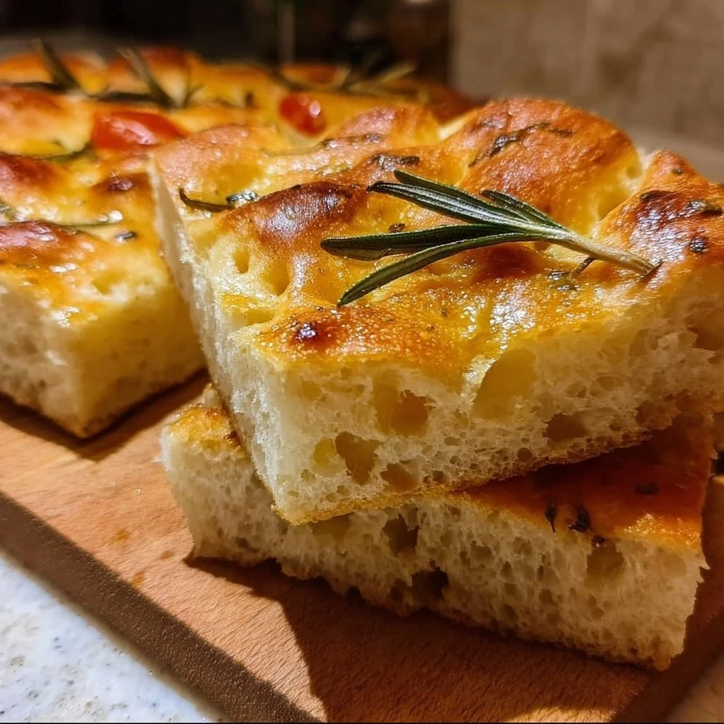 Homemade focaccia bread topped with herbs and olive oil