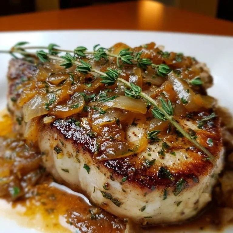 Delicious French Onion Pork Chops with caramelized onions on a plate