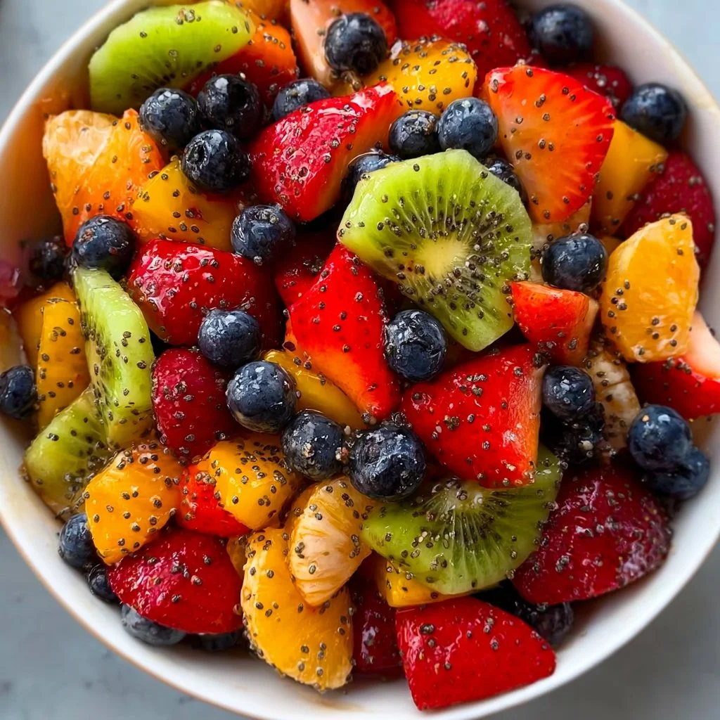 Fresh fruit salad with honey lime poppy seed dressing in a bowl
