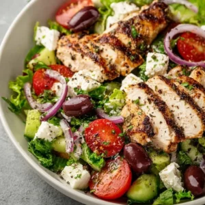 Fresh Greek salad topped with grilled chicken, olives, and feta cheese.