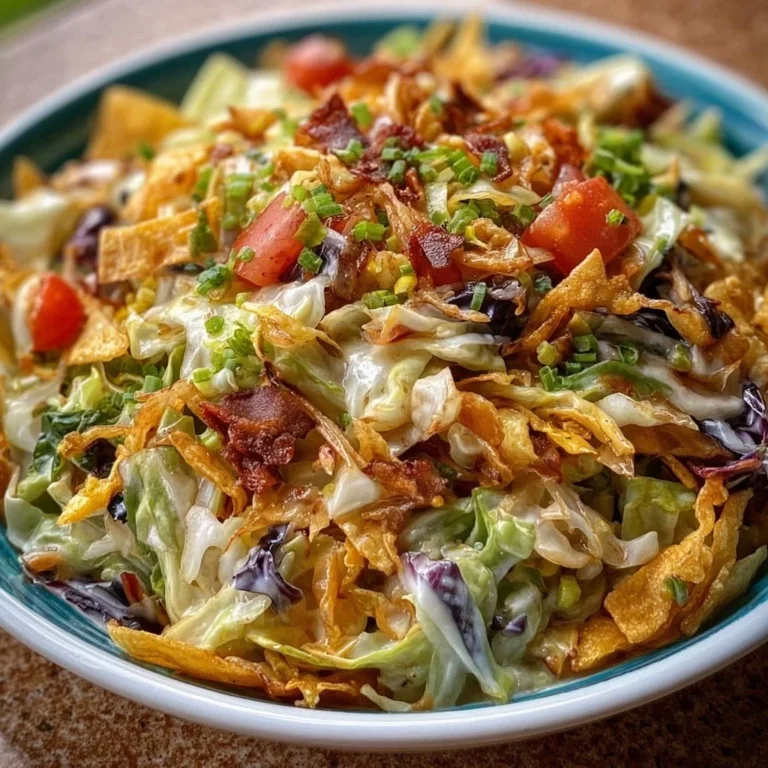 Bowl of Frito Cowboy Cabbage with Fritos and vegetables garnished on top.