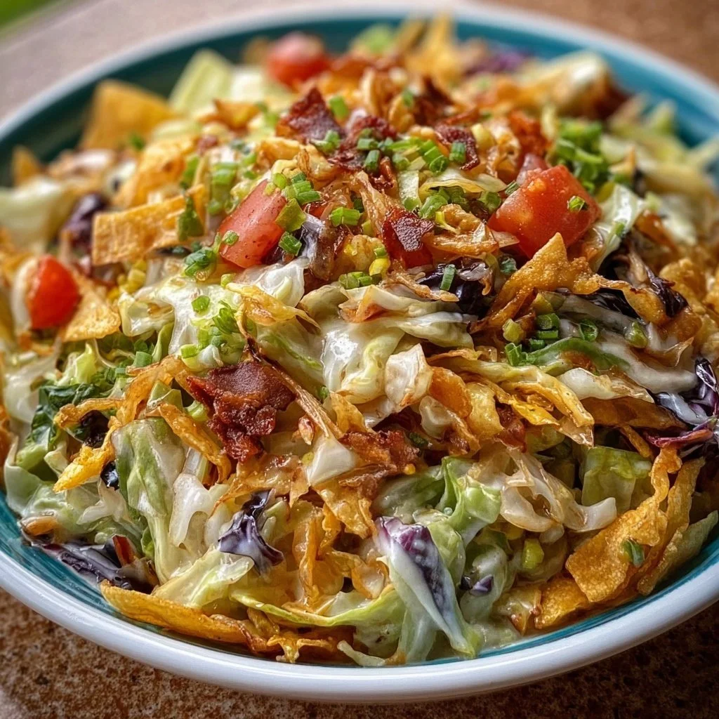 Bowl of Frito Cowboy Cabbage with Fritos and vegetables garnished on top.