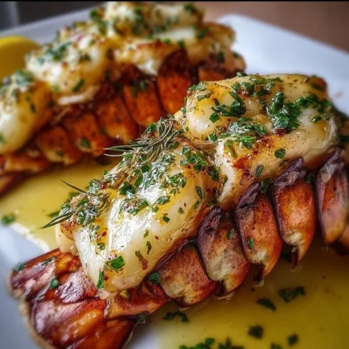 Cooked garlic butter lobster tails served on a elegant plate