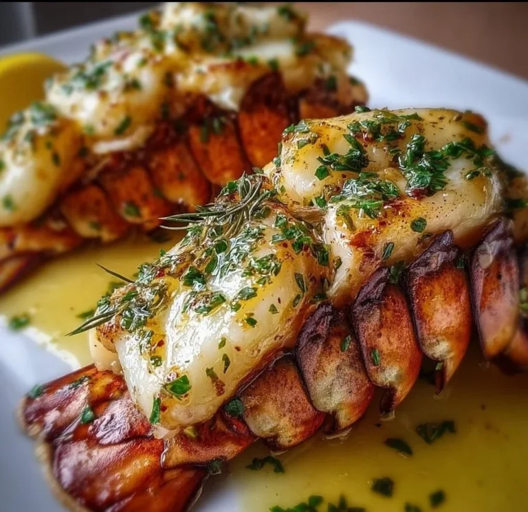 Cooked garlic butter lobster tails served on a elegant plate