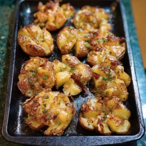 Plate of garlic butter smashed potatoes topped with herbs